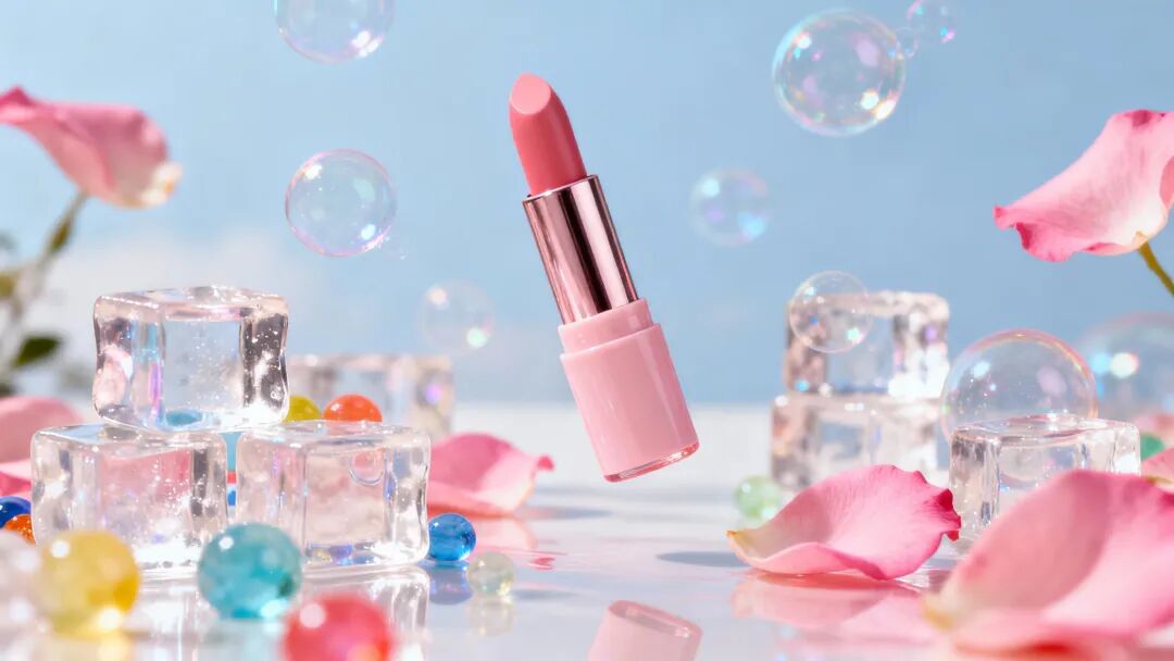 Last frame: pale pink lipstick floating with crystal ice and pastel bubbles on sky-blue background